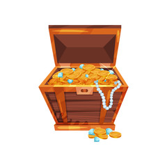 Cartoon wooden chest with shiny golden coins, blue diamonds and pearl necklace. Pirate treasures. Symbol of wealth and financial well-being. Flat vector design