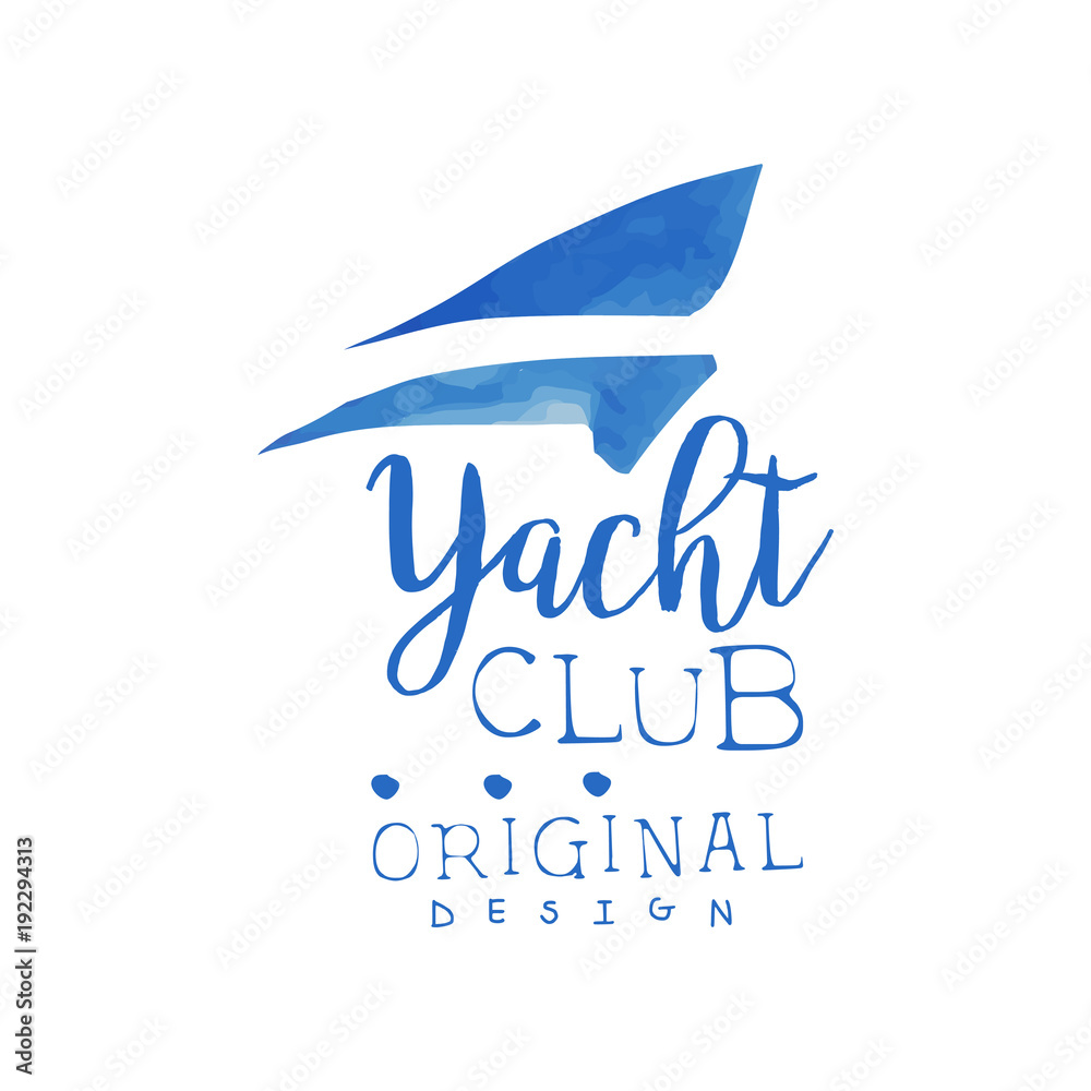 Sticker Original hand drawn logo template for yacht club. Watercolor painting with silhouette of sails. Blue vector emblem for travel or cruise company