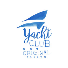 Original hand drawn logo template for yacht club. Watercolor painting with silhouette of sails. Blue vector emblem for travel or cruise company