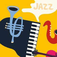 Jazz music festival poster with music instruments. Saxophone, piano, violoncello and trumpet flat vector illustration. Jazz concert 