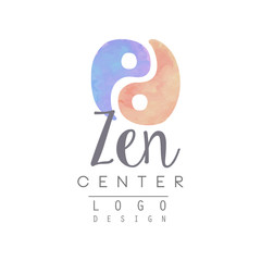 Watercolor logo template with yin and yang. Zen meditation. Chinese medicine and wellness concept. Vector esign for self-development center or yoga studio