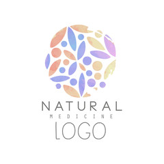 Creative emblem with colorful floral pattern in circle shape. Natural medicine and wellness concept. Logo design for spa and health center. Watercolor vector illustration