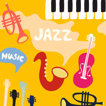 Jazz music festival poster with music instruments. Saxophone, piano, violoncello and trumpet flat vector illustration. Jazz concert 