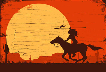Silhouette of Native American Indian riding horseback with a spear on a wooden sign, vector
