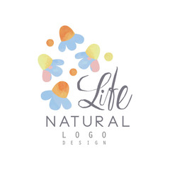 Original logo template with abstract flowers. Health and nature life concept. Medicinal plants symbol. Hand drawn watercolor vector design for cosmetics or spa center