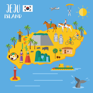 Flat design, Illustration of landmarks and icons in Jeju Island, South Korea, Vector