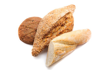 Different sorts of bread - wheat, rye and multi grain- isolated on white background
