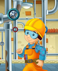 cartoon scene with worker in the basement reparing something - illustration for children