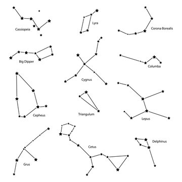 Constellations: cassiopeia, big dipper, cepheus, lyra, grus, cygnus, triangulum, cetus, corona borealis, columba, lepus, delphinus, vector illustration
