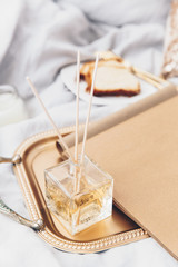 Flat lay composition with craft notepad with copy space.