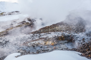 iceland nature, winter travel photo in snow, adventure, trip, hiking, mountains.