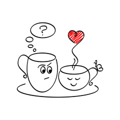 Hand drawn two cute in love cups of coffee/ tea