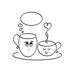 Hand drawn two cute in love cups of coffee/ tea