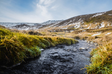 iceland nature, winter travel photo in snow, adventure, trip, hiking, mountains.