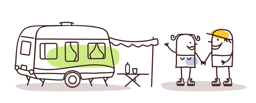 Cartoon Couple With Caravan