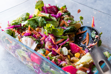 Fresh Homemade Colorful Salad with Purple Cabbage, Beet, Carrot and Rocket
