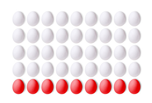 Set of red and white eggs on a white background, laid in a line. 