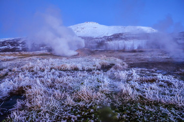 iceland nature, winter travel photo in snow, adventure, trip, hiking, mountains.