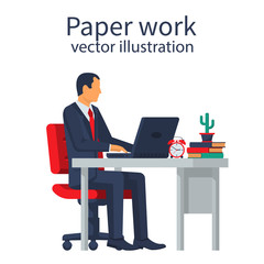 Paperwork concept. Businessman at desk working on paperwork. Office worker. Working office atmosphere. Vector illustration, flat design. Work with documents. Isolated on white background.