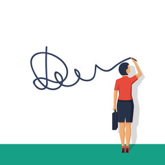 Businesswoman puts signature. Vector illustration flat design. Modern technology business. Agree. Legal confirmation. Young successful female.