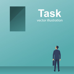 Task concept. Businessman is standing in front of wall with window at top. Vector illustration flat design. Isolated on white background. Problem solving. Overcoming obstacles.