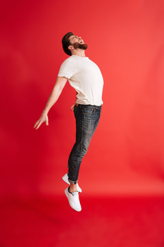 Excited Bearded Man Levitate Isolated