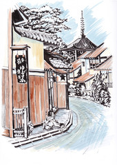 The street of the Japanese town. The road with old Japanese houses and a temple in the distance. Two cats near the house. Sketch the markers.