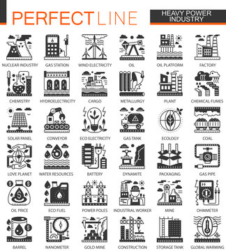 Vector Heavy and power industry black mini concept icons and infographic symbols set