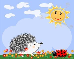 A cute little hedgehog near the seven-colored rainbow and a family of ladybirds in a clear, sunny cheer, a summer day