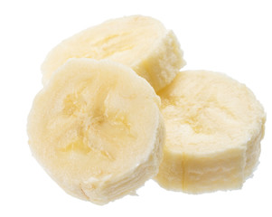 Peeled banana slices on the white background.