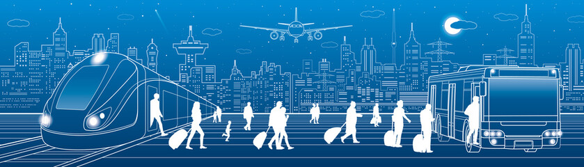 Transport panorama. Passengers get on the bus leaving the train. Travel transportation infrastructure. The plane is on the runway. Night city on background, vector design art