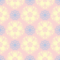 Pink floral seamless pattern with light blue and yellow flower elements