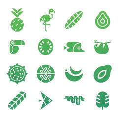 Tropical Vector Icon Set with exotic plants, fruit  and animals. Flat design, simple shapes.