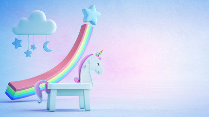 3d illustration of white toy unicorn and rainbow financial graph on blue floor with colorful sky background in startup business success concept.