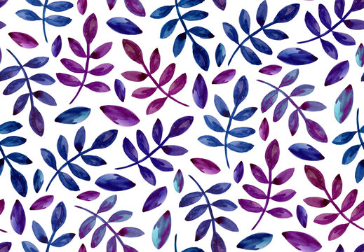 Watercolor purple and blue leaves pattern. Botanical seamless background