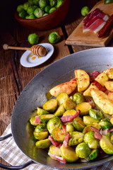 Brussels Sprouts with ham ,honey and roasted potatoes