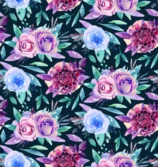 Behang Watercolor floral pattern. Boho flowers bouquet. Purple and blue © Ann_ka