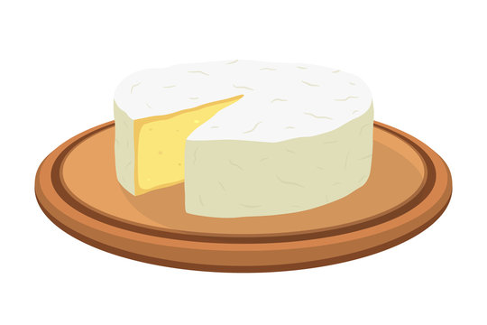 Vector camembert cheese on plate. Slice, chunk on wooden tray. Cartoon flat style