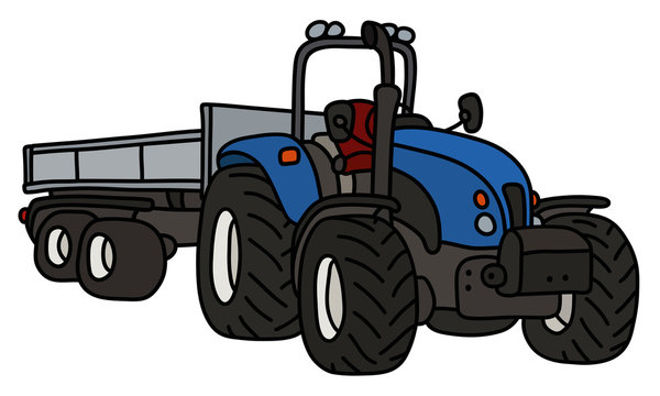 The blue open tractor with a steel trailer
