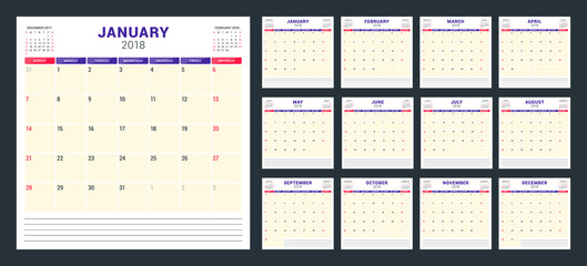 Calendar planner for 2018 year. Week starts on Sunday. Vector design print template