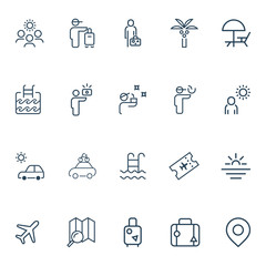 Holiday and Summer outline icons. Vector Set.