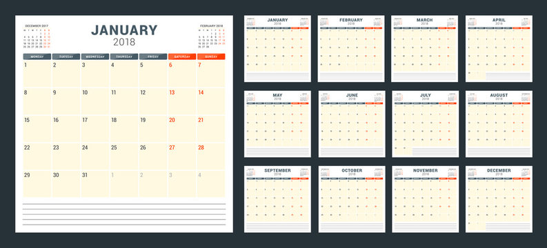 Calendar planner for 2018 year. Week starts on Monday. Vector design print template