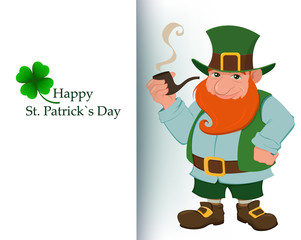 Cartoon happy leprechaun with smoking pipe