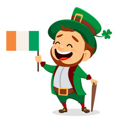 Cartoon funny leprechaun with Irish flag and cane