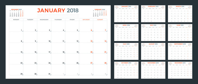 Calendar planner for 2018 year. Week starts on Monday. Vector design print template