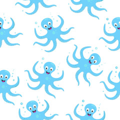 Vector seamless pattern. Blue  octopus cartoon character. Flat smiling octopus with bubbles, isolated on white background.