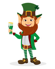 Smiling cartoon character leprechaun with green hat and glass of ale