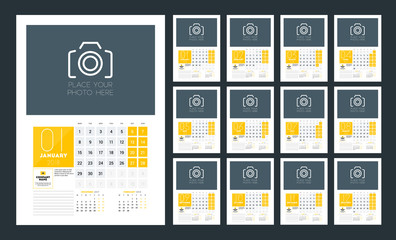 Wall calendar planner for 2018 year. Week starts on Monday. Vector design print template
