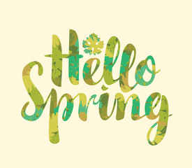 Vector calligraphic inscription Hello Spring in color of different green leaves. Can be used for flyers, banners or posters