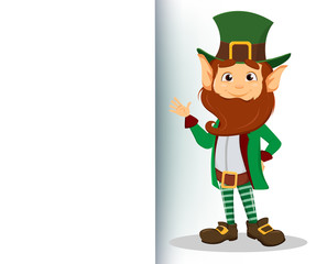 Smiling cartoon character leprechaun with green hat waving hand
